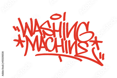 Washing machine graffiti tag in bold red lettering on transparent background. Urban street art style, perfect for home appliances, city life, and creative graffiti projects with strong urban vibes.