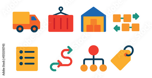 Flat vector icons of supply chain: delivery truck, shipping container, warehouse, product flow, inventory list, supply path, logistics network, supply tag.