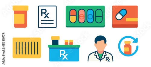 Flat vector icons of pharmacy and prescriptions: prescription bottle, Rx note, pill organizer, over-the-counter box, pharmacy counter, drug barcode, pharmacist icon, refill icon.