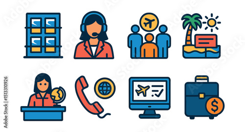 Flat vector icons of travel agency tools: brochure rack, travel agent, group package icon, destination promo, agency desk, travel hotline, booking system, vacation deal.
