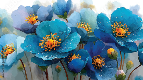 Azure Floral Elegance: A captivating display of vibrant blue blossoms, their delicate petals and intricate details captured in a soft and ethereal light.