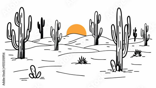 Illustration of desert landscape with cacti and rising sun in a minimalist black and white style created with generated ai