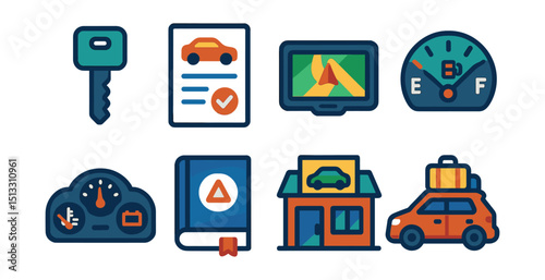 Flat vector icons of car rental and driving: rental key, booking contract, GPS device, fuel gauge, dashboard icon, road rules guide, rental agency, car with luggage.