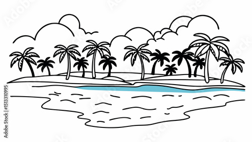 Illustration of a tropical island with palm trees clouds and water in black and white outline style created with generated ai