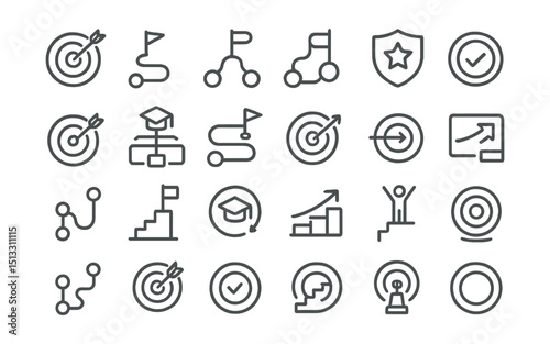 Line style icons of learning paths and educational goals: learning goal icon, objective path, skill roadmap, subject ladder, badge tracker, target completion, learning direction, module path, course