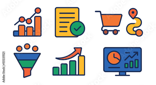 Flat vector icons of e-commerce analytics: sales graph, order metrics, cart abandonment rate, customer journey, conversion funnel, retention chart, revenue report, dashboard screen.