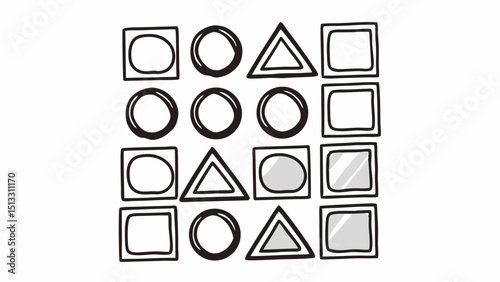 Geometric pattern featuring hand drawn circles squares and triangles in a grid like arrangement design element created with generated ai