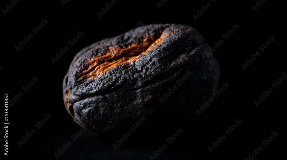 Naklejka premium Charred coffee bean with deep blackened surface and rich brown highlights, showcasing unique textures and details against a dark background, emphasizing the roasting process