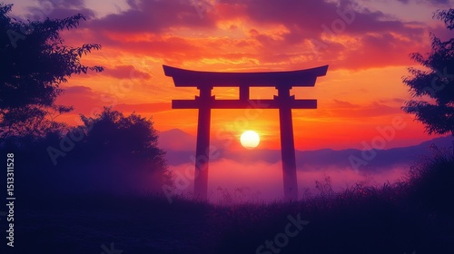 Silhouette of a torii gate with a vibrant sunset sky in the background.