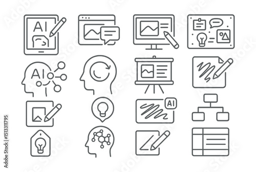 Line style icons of sketching, concepts, and idea visualization: AI sketchpad, prompt-based sketch, quick draft generator, creative concept board, idea mapping AI, mind flow icon, visual planning,