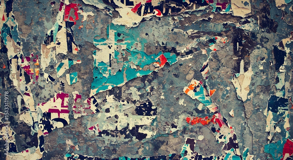 Naklejka premium Abstract Urban Texture: Distressed Wall with Peeling Paint and Layered Vintage Posters