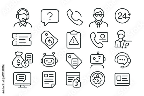 Line style icons of customer support and financial assistance: support agent icon, help chat bubble, request callback, financial advisor avatar, support ticket icon, refund request tag, issue report