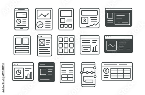 Line style icons of wireframes and finance app layouts: mobile UI wireframe, expense dashboard sketch, card layout concept, budget flow chart, interface section blocks, wireframe scroll area, UX tile