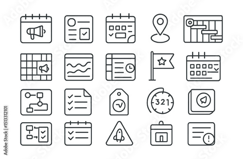 Line style icons of campaign planning and scheduling: campaign calendar icon, post scheduling tile, content release planner, event marker, social media Gantt chart, publishing grid layout, campaign