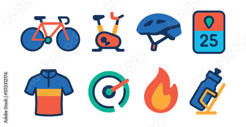 Flat vector icons of cycling fitness: road bike, indoor cycle, bike helmet, distance tracker, cycling jersey, cadence icon, calorie burn, water bottle mount.
