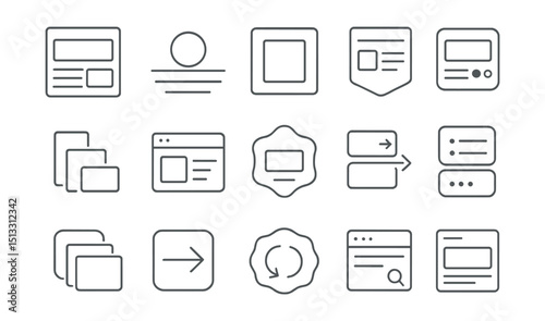 Line style icons of calm interfaces and visual hierarchy: low-stimulus layout, visual breath space icon, focused view tile, white space panel, quiet color palette tag, info priority stack, de-clutter