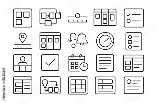 Line style icons of project management for solo creatives: single dashboard tile, freelance sprint board, timeline tracker icon, solo kanban panel, to-do card layout, solo milestone tag, weekly plan