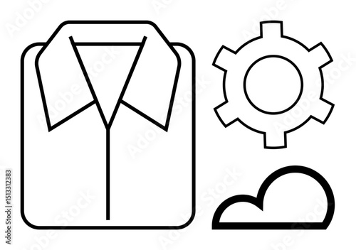 Shirt with collar outline, gear, and cloud symbol. Ideal for laundry service, automation, cloud tech, digital services, workflow systems, industry and simple landing page