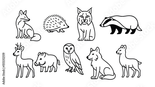 Line style icons of animals of Europe: red fox, hedgehog, lynx, badger, roe deer, wild boar, barn owl, wolf, chamois, pine marten.