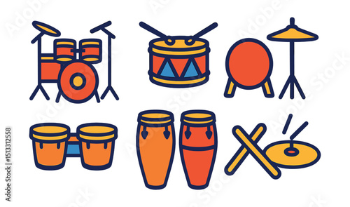 Flat vector icons of drums and percussion: drum set, snare drum, bass drum, hi-hat, bongos, congas, sticks icon, cymbal crash.
