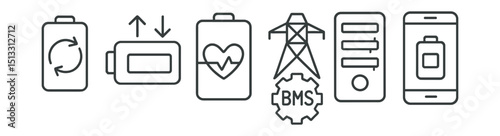Line style icons of sustainable energy: battery cycle icon, charge-discharge animation, lifetime usage tracker, smart grid power use, storage logic panel, BMS symbol, auto-load battery screen.