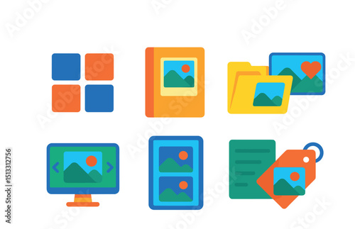 Flat vector icons of photo gallery and albums: photo grid, album cover, image folder, favorite image, slideshow icon, gallery scroll, album sort, tag photo.
