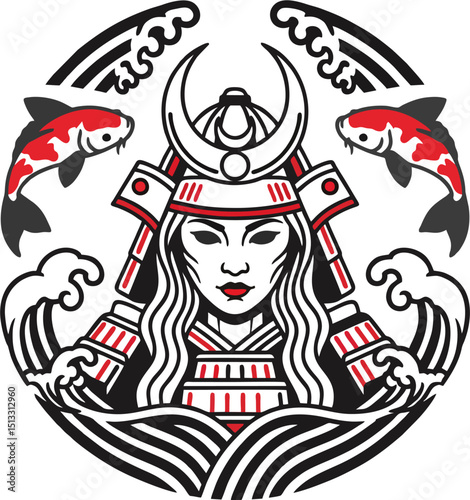 Traditional Female Samurai with Koi Fish and Waves – Japanese Line Art Vector Illustration