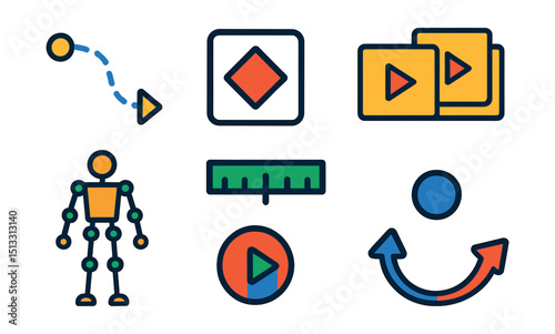 Flat vector icons of animation design: motion path, keyframe icon, timeline bar, frame-by-frame icon, character rig, animated logo, looping icon, bounce ease.
