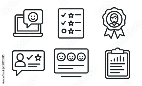 Line style icons of remote work: feedback icon, task rating stars, teammate praise badge, comment review panel, sentiment response layout, anonymous feedback form, weekly feedback summary.