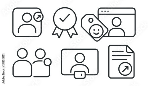 Line style icons of remote work: status update icon, daily check-in badge, progress emoji tag, quick status panel, online/offline icon, in-meeting signal, sync report layout.