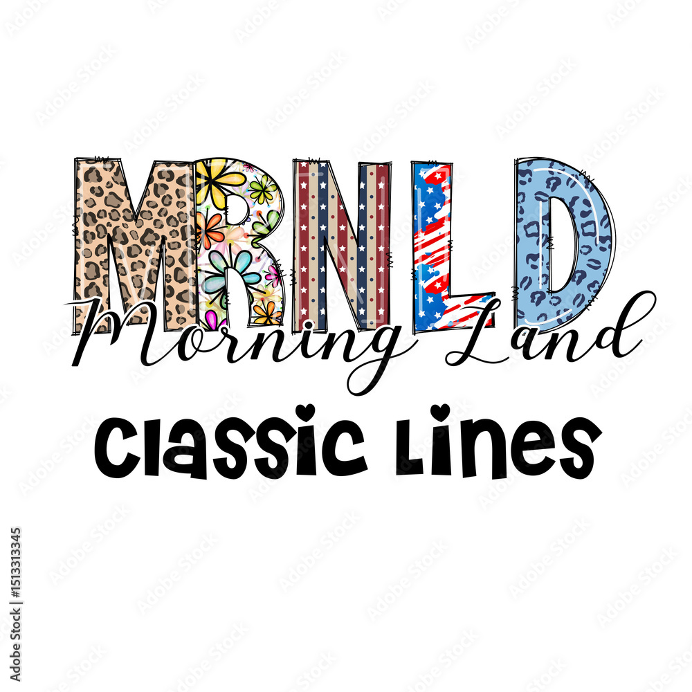 Fototapeta premium Morning Land Classic Lines Design with Leopard, Floral, and American Flag Patterns