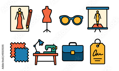 Flat vector icons of fashion designers: fashion sketch, sewing mannequin, designer glasses, runway board, fabric swatch, design studio, portfolio case, signed label.