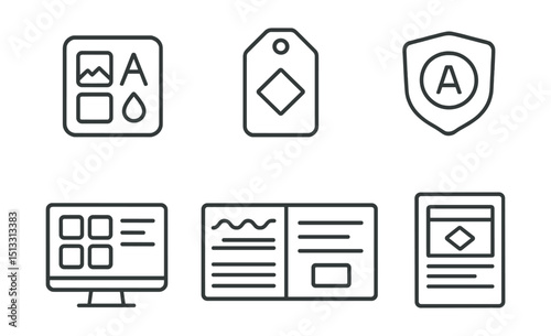 Line style icons of project management: branding assets icon, project logo tag, visual identity badge, color style guide screen, tone of voice panel, template design card, brand consistency layout.