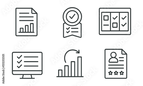 Line style icons of project management: end-of-project summary icon, closure checklist badge, success criteria board, deliverables signoff screen, review and reflect panel, post-project feedback form