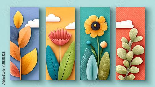 Colorful floral paper cut art with leaves and flowers on pastel backgrounds, creating gentle and cheerful mood