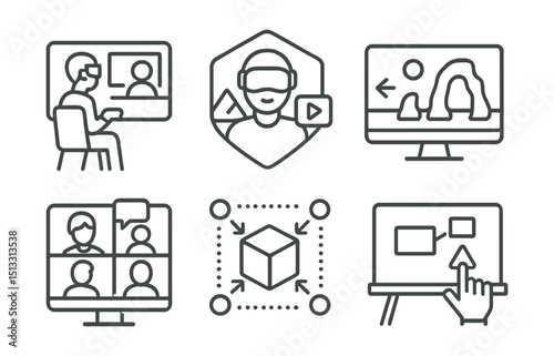 Line style icons of education and learning platforms: VR classroom icon, immersive lesson badge, virtual tour screen, avatar participation panel, 3D concept visualizer, spatial whiteboard board,