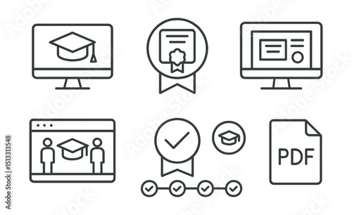 Line style icons of education and learning platforms: virtual graduation icon, certificate badge, diploma preview screen, award ceremony layout, completion ribbon tag, academic milestone tracker,