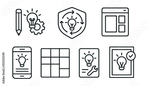Line style icons of business innovation: creativity tools icon, design thinking badge, sketchpad layout panel, creative brief screen, moodboard elements grid, idea builder card, solution innovation