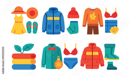 Flat vector icons of seasonal fashion: summer look, winter outfit, spring pastel, autumn tones, seasonal fabric, holiday collection, beachwear icon, cold weather gear.
