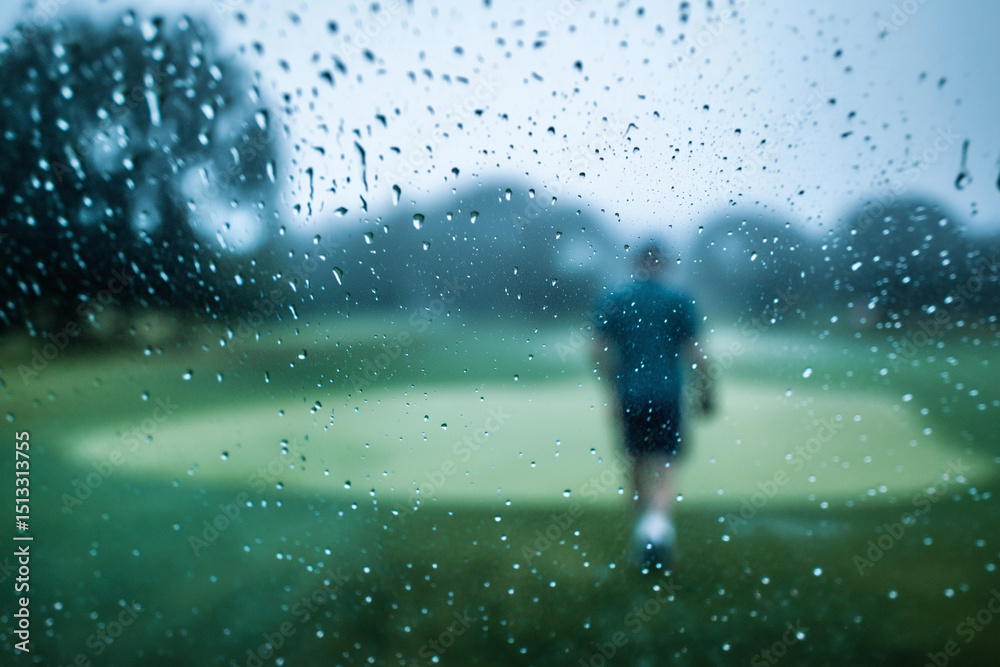 Obraz premium Distant blurred golf player walking off green in rain, seen through fogged lens. Cinematic mood, low contrast, muted greens and blues, quiet, reflective tone. 