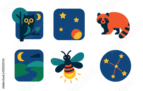 Flat vector icons of night nature: owl in tree, starry sky, nocturnal animal, moonlit trail, nighttime camping, glowing insect, night howl, star constellation.