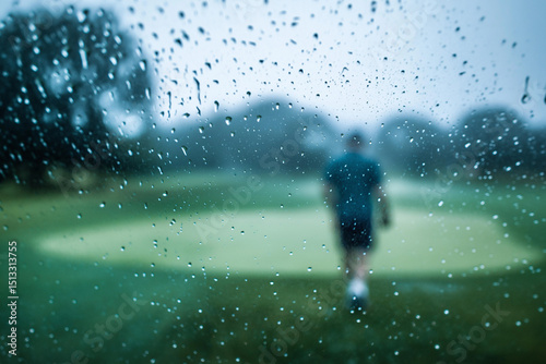 Distant blurred golf player walking off green in rain, seen through fogged lens. Cinematic mood, low contrast, muted greens and blues, quiet, reflective tone.

