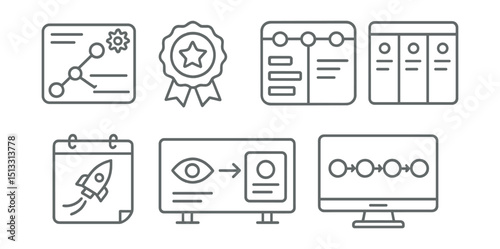 Line style icons of business innovation: product roadmap icon, feature release badge, quarter timeline layout, development stages panel, upcoming launch tracker, vision to market board, delivery