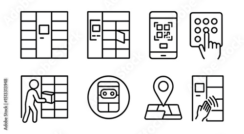 Line style icons of last mile delivery: smart locker icon, delivery locker door open, QR scan at locker, PIN entry screen, parcel pickup from locker, automated locker badge, location of pickup,
