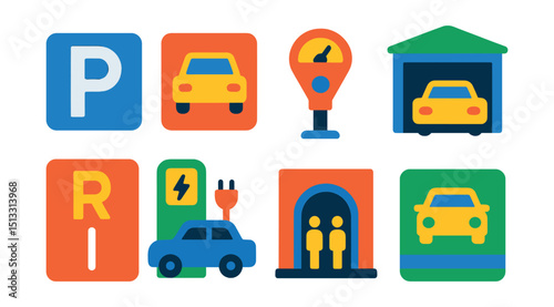 Flat vector icons of parking and stations: parking sign, car park icon, parking meter, underground garage, reserved spot, EV charging bay, station entrance, park pass.