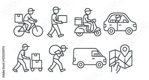 Line style icons of courier life: courier on bicycle, walking courier with box, delivery scooter ride, courier in traffic, pushing cart with parcels, balancing heavy bag, delivery van parked, map in