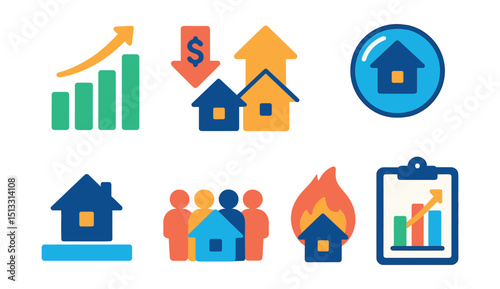 Flat vector icons of housing market and trends: market growth chart, price drop arrow, housing demand, real estate bubble, buyer competition, supply bar, hot market icon, trend report.