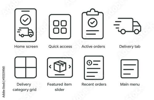 Line style icons of delivery app UI: home screen with delivery status, quick access dashboard, active orders icon, delivery tab button, delivery category grid, featured item slider, recent orders