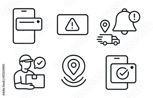 Line style icons of delivery app UI: push notification screen, app alert popup, delivery on the way icon, ETA change alert, courier nearby message, drop-off soon badge, order received push, status