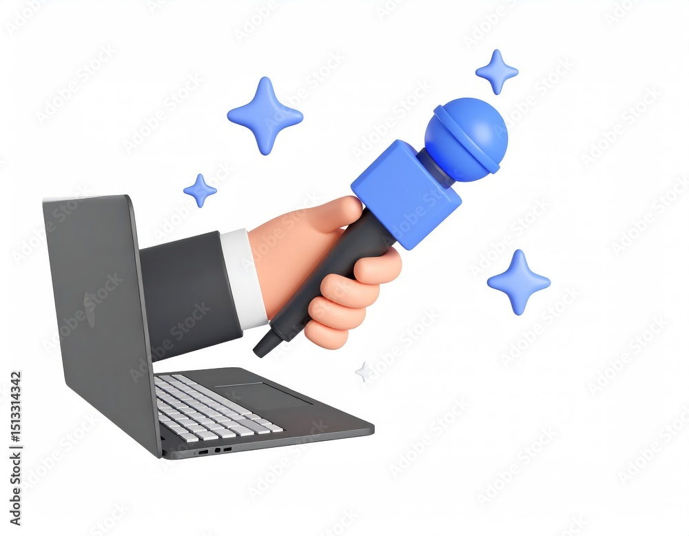 Laptop Hand Holding Microphone: A Playful 3D Illustration Laptop Hand Holding Microphone: A Playful 3D Illustration